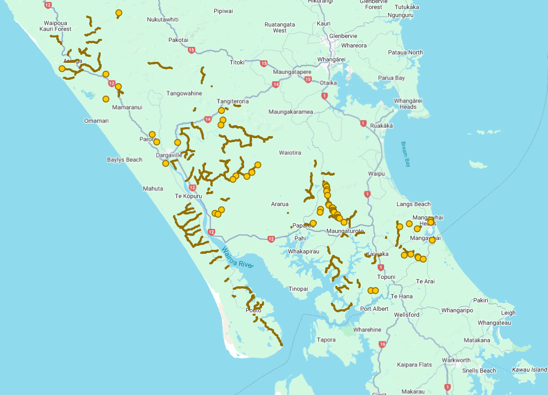 A map of Kaipara with yellow dots and lines showing unsealed roads where Maintenance was carried out in September.